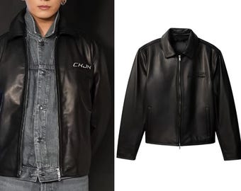 BTS Junkook Inspired Jacket | Black Leather Jacket Coat | Vintage Y2K Bomber Jacket | Korean Streetwear Jacket | Unisex Casual Fashion Coat