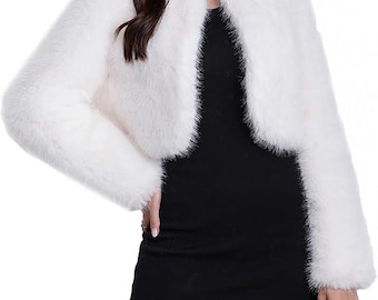 White Faux Fur Bolero Jacket Women, handmade Cropped Faux Fur Shrug, Bridal Wedding Cover Up, Long Sleeve Winter Coat, Elegant Outerwear