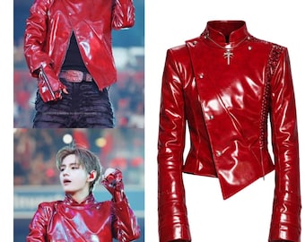 BTS V Inspired Jacket | Oversized Red Leather Jacket | Vintage Y2K Bomber Jacket | Korean Streetwear Jacket | Unisex Casual Fashion Coat