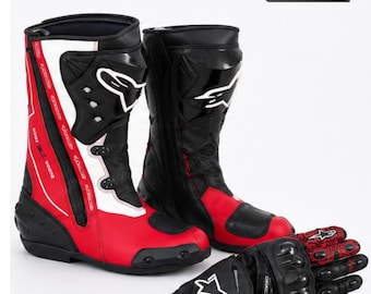 Botas de moto de carreras para hombre - Conjunto de botas y guantes de cuero de vaca hechos a mano para motociclistas - Equipamiento para días de pista - Botas para motociclistas