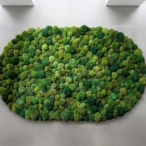 May include: A large, oval-shaped wall decoration made of different shades of green moss. The moss is closely packed, giving a textured, three-dimensional look. It's mounted on a light grey wall, with the word "MAHIDRUGS" visible in the lower corners.