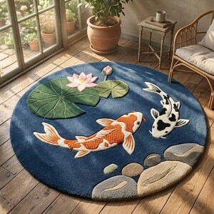 Blue Koi Fish Pond Rug, Lotus Flower Rug, Japanese Zen Area Rug, Round Handmade Carpet, Japandi Decor, High Low Pile Hand tufting rug