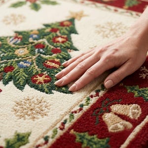 Op de afbeelding: Een getextureerd tapijt met een cr&egrave;mekleurig middenstuk, een groene kerstboom versierd met rode en blauwe ornamenten en beige sneeuwvlokken. De rand is dieprood met een patroon van gouden klokken en groene hulstbladeren.