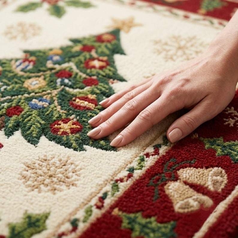 Op de afbeelding: Een getextureerd tapijt met een cr&egrave;mekleurig middenstuk, een groene kerstboom versierd met rode en blauwe ornamenten en beige sneeuwvlokken. De rand is dieprood met een patroon van gouden klokken en groene hulstbladeren.