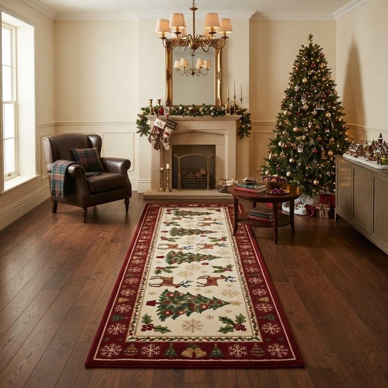 Op de afbeelding: Een rechthoekig vloerkleed met een cr&egrave;mekleurig midden en een herhalend patroon van groene kerstbomen, bruine rendieren en sneeuwvlokken, omlijst door een brede donkerrode rand versierd met kleine belletjes, boompjes en sneeuwvlokken.