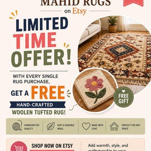 Op de afbeelding: Een promotionele afbeelding voor Mahid Rugs op Etsy met een groot rechthoekig tapijt met een geometrisch patroon in cr&egrave;me, rood en blauw, en een kleiner vierkant getuft tapijt met een roze bloemmotief op een groene steel met franjes.