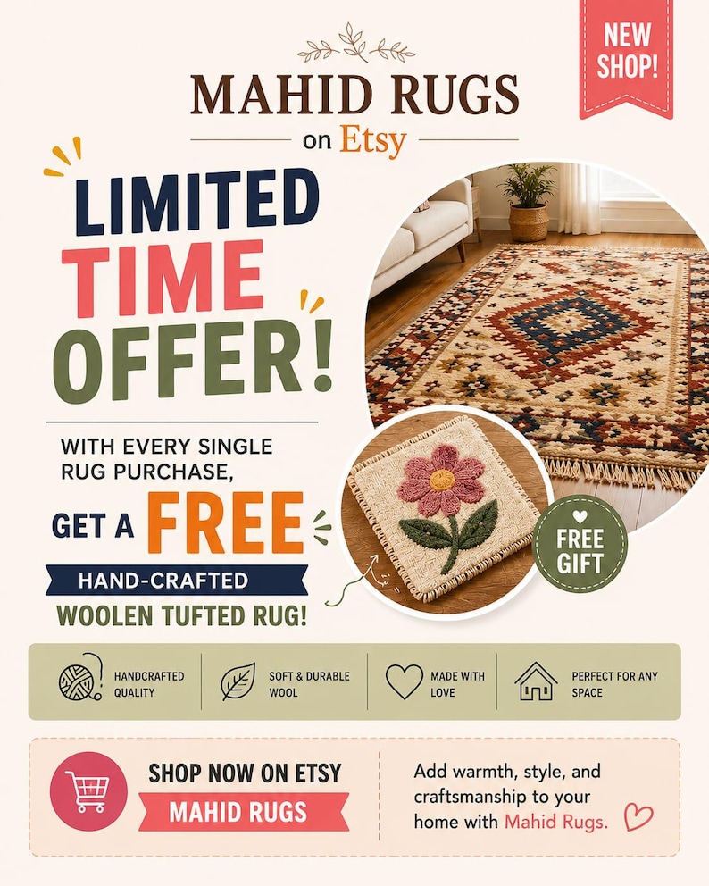 Op de afbeelding: Een promotionele afbeelding voor Mahid Rugs op Etsy met een groot rechthoekig tapijt met een geometrisch patroon in cr&egrave;me, rood en blauw, en een kleiner vierkant getuft tapijt met een roze bloemmotief op een groene steel met franjes.