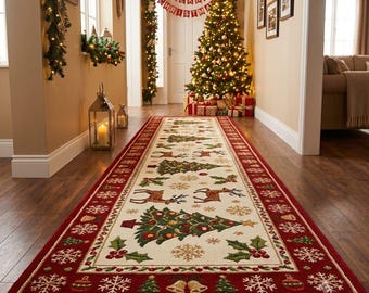 May include: A long rectangular runner rug featuring a cream-coloured centre with a repeating pattern of green Christmas trees, brown reindeer, and snowflakes. The rug has a wide red border decorated with white snowflakes, bells, and ornaments.