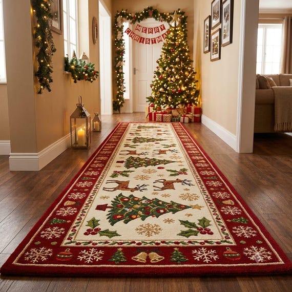Christmas Runner Rug, Festive Reindeer Area Rug, Vintage Holiday Hallway 3x18 ft Runner, Xmas Tree Floor Mat, Coir Style Christmas Decor