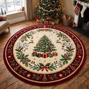 Op de afbeelding: Een rond vloerkleed met een crèmekleurig middenstuk, een centrale kerstboom omringd door cadeautjes, rendieren, dennenappels en hulsttakken. De rand is donkerrood met patronen van kleine boompjes, sterren en hulstbladeren.