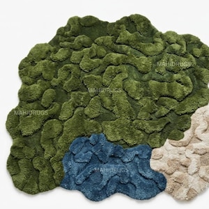 luxury Moss Rug Hand Tufted Wool Rug , Blue Green Beige Rug, High Pile Textured Rug, Abstract Irregular Shape Carpet, Soft Plush Modern Rug