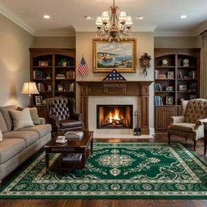 May include: A living room with a green and cream patterned rug, a fireplace, and two brown leather armchairs. A sofa, bookshelves, and a chandelier complete the room's decor. A painting hangs above the fireplace.