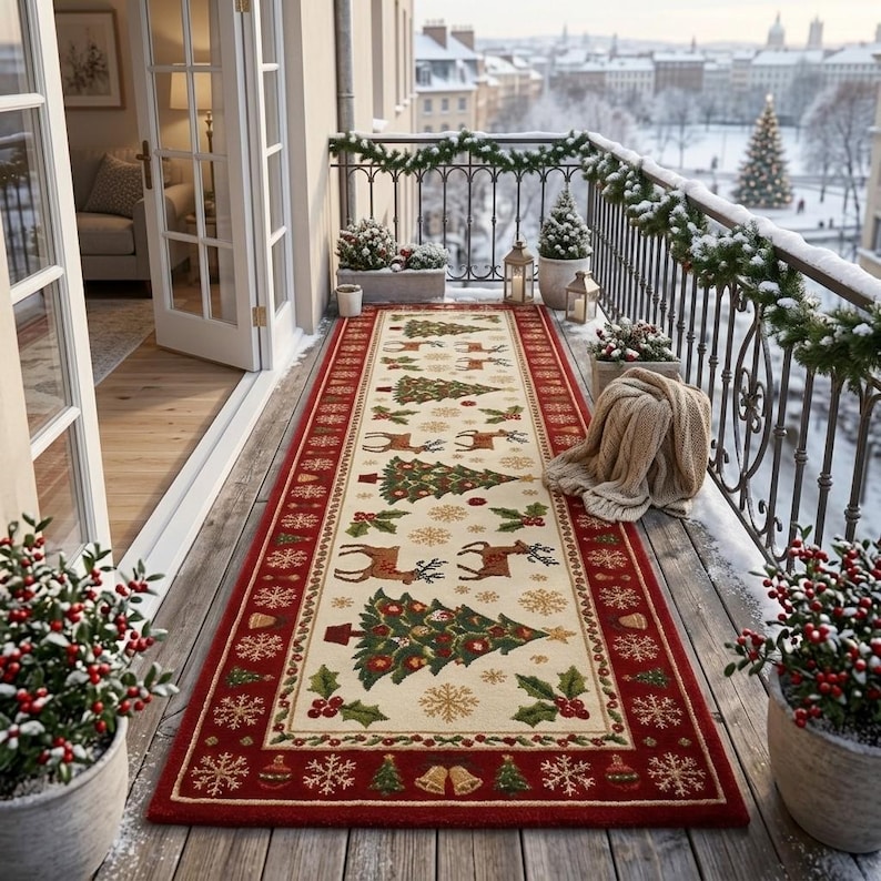 Op de afbeelding: Een lang rechthoekig loperkleed met een cr&egrave;mekleurig middenstuk voorzien van een herhalend patroon van groene kerstbomen, bruine rendieren en rode hulstbessen. Het kleed heeft een brede rode rand versierd met gouden klokjes en sneeuwvlokken.