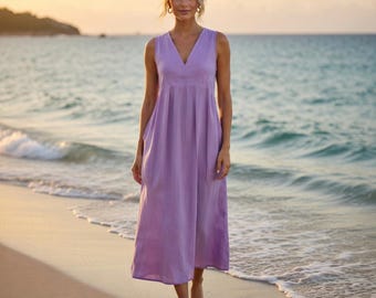 Linen Cotton Maxi Dress with Pockets, Sleeveless A-Line Summer Beach Dress