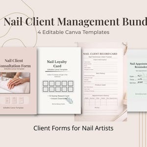 Può includere: Un pacchetto di quattro modelli Canva modificabili per estetiste. I modelli includono un modulo di consultazione, una carta fedeltà, una scheda cliente e un promemoria appuntamento. I moduli sono in tonalità rosa e bianco.