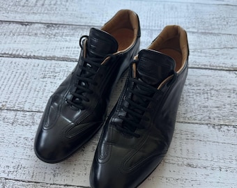 Santoni Men Black Leather Sneakers Size 10 UK 11 US 45 EU Luxury Italian Designer Dress Shoes Premium Low Top Lace Up Trainers