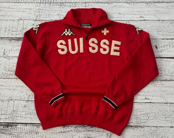 Vintage Red Kappa Suisse Quarter Zip Pullover Sweatshirt Size M Switzerland Embroidered Spellout Retro Sweatshirt Kappa Medium