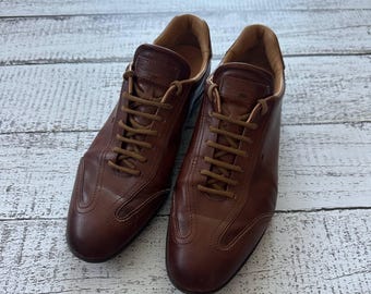 Santoni Men Brown Leather Sneakers Size 10 UK 11 US 45 EU Luxury Italian Designer Dress Shoes Premium Low Top Lace Up Trainers