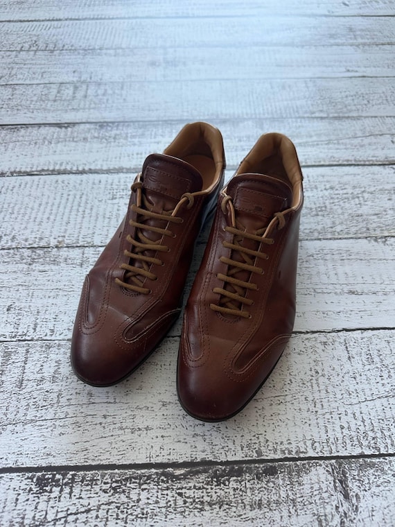 Santoni Men Brown Leather Sneakers Size 10 UK 11 US 45 EU Luxury Italian Designer Dress Shoes Premium Low Top Lace Up Trainers