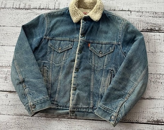 Vintage Levi’s 70-80s Sherpa Lined Denim Trucker Jacket Orange Tab Size 40 USA