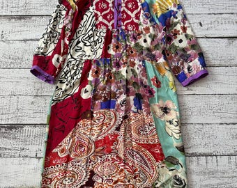 Zeldzame archivering ETRO Milano zijden patchworkjurk | Runway-stuk jaren 2000 met gemengde prints | Rode glazen knopen | Boho luxe L XL