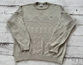 Vintage Lacoste Sport Knit Sweater, Size 5 / L, Retro Beige Cable Knit Jumper, Textured Crewneck Pullover for Men