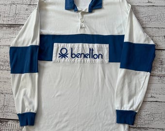 Vintage United Colors of Benetton poloshirt rugby groot logo wit blauw S