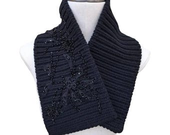 Prada Black Ribbed Knit Scarf with Black Bead & Sequin Floral Embellishment - Luxury Vintage Prada Accessory - Black Cowl Neck Warmer