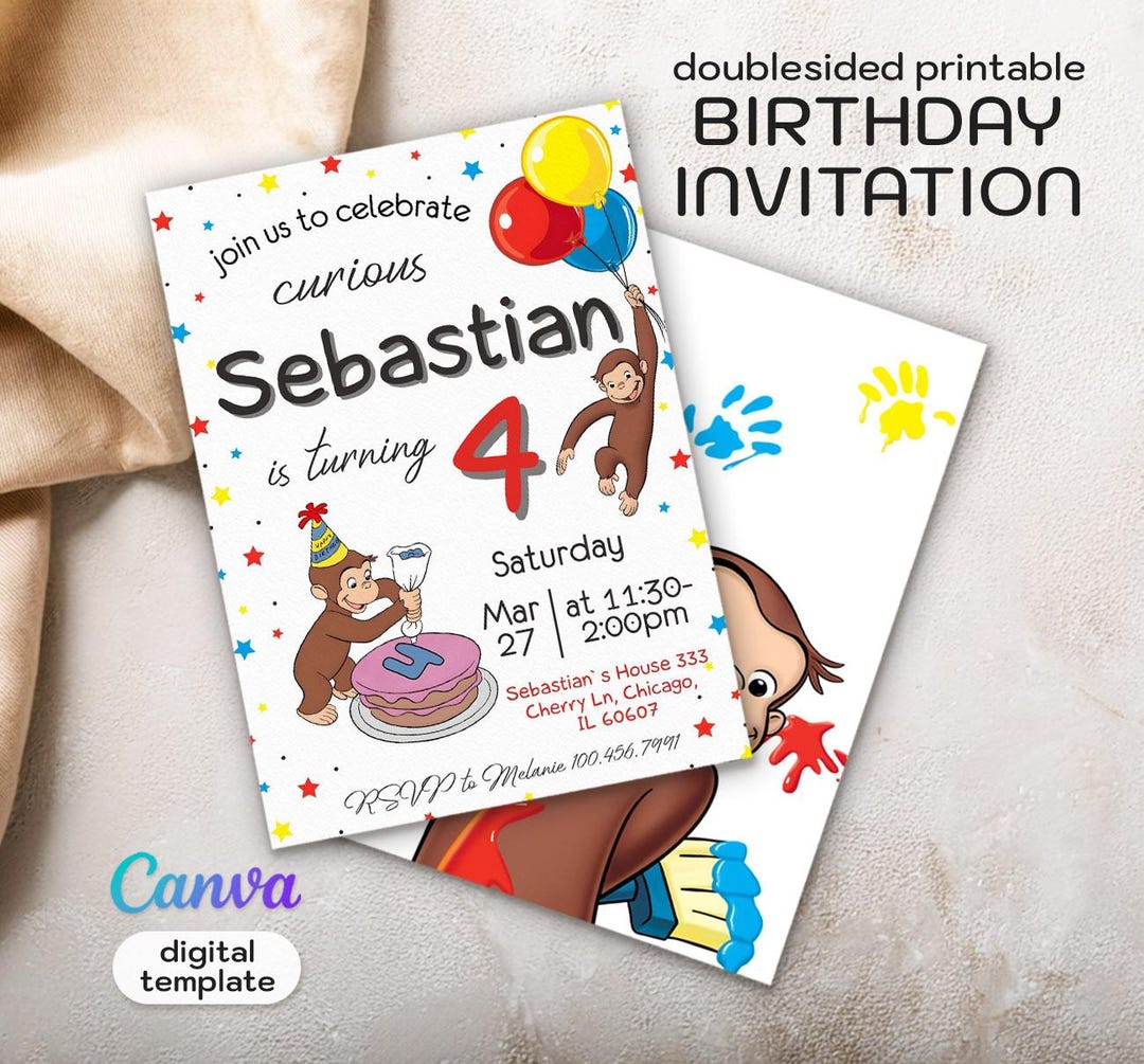 George Michael Invitation Curious George Birthday Invitation, Editable Monkey Party Invite ...