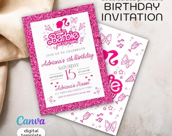 Printable doll birthday invitation, Bestie invitation, Malibu hot pink birthday party, instant download, girl fashion birthday invitation