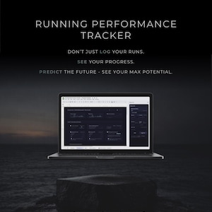 May include: A laptop displaying a running performance tracker interface, set against a dark, moody background of water and sky. Text reads: "RUNNING PERFORMANCE TRACKER," "DON'T JUST LOG YOUR RUNS. SEE YOUR PROGRESS. PREDICT THE FUTURE - SEE YOUR MAX POTENTIAL." The question "Are you ready to elevate your run?" is at the bottom.