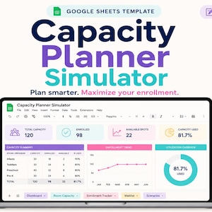 May include: A laptop screen shows a Google Sheets template labelled "Capacity Planner Simulator." The interface displays data visualisations, including charts and tables, with the text "Plan smarter. Maximise your enrolment." The screen shows a total capacity of 120.