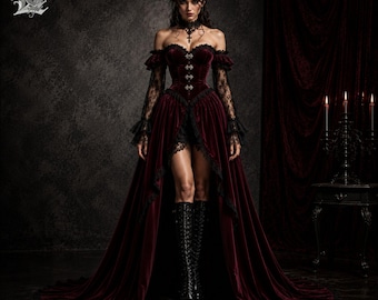 May include: A deep burgundy velvet dress featuring an off-the-shoulder corset bodice with silver-toned clasps, long black lace sleeves, and a high-low skirt with black lace trim. The garment is paired with black lace-up knee-high boots.