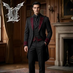 Elegant men’s black Victorian gothic tailcoat suit with red embroidered detailing, steampunk inspired long coat, formal vampire cosplay outfit, baroque style wedding attire