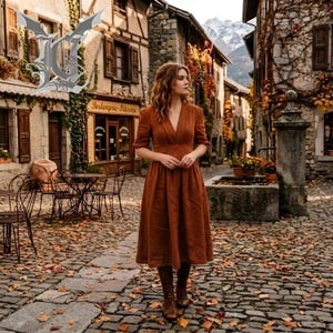 Könnte beinhalten: Eine Frau in einem rostfarbenen Kleid und braunen Stiefeln steht auf einer Kopfsteinpflasterstraße in einem europäischen Dorf. Das Kleid hat einen V-Ausschnitt und Knöpfe. Die Szene spielt im Herbst, mit fallenden Blättern und Gebäuden mit Holzläden.