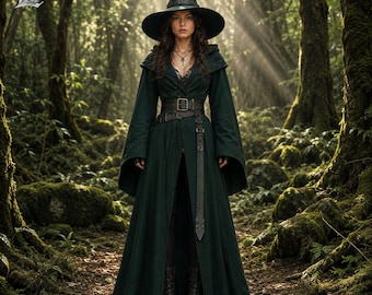 Puede incluir: Un abrigo largo con capucha de color verde oscuro y mangas anchas, combinado con un sombrero puntiagudo de ala ancha a juego y un cinturón de cuero marrón con hebilla. El conjunto incluye un top negro con encaje y botas oscuras superpuestas.