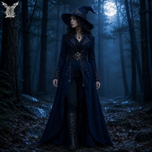May include: A dark blue long coat with a high collar and intricate embroidery, worn with a matching wide-brimmed pointed hat, a black belt with a central metal ornament, dark trousers, and tall boots in a forest setting under a full moon.