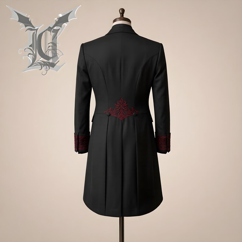 Elegant men’s black Victorian gothic tailcoat suit with red embroidered detailing, steampunk inspired long coat, formal vampire cosplay outfit, baroque style wedding attire