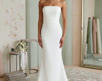 Trägerloses Minimalistisches Abendkleid, Elegantes Boho-Hochzeitskleid, Vintage-Hochzeitskleid, Elegantes Brautkleid, Brautschleier-Stil Outfit