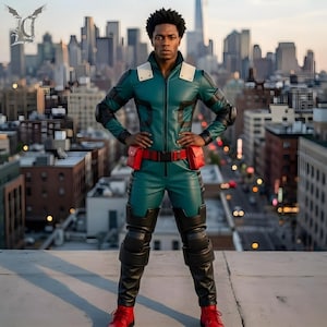 May include: A teal and black superhero costume with red accents. The costume includes a jacket, pants, and boots. The jacket has white shoulder pads and black accents. The red belt has two pouches. The boots are red. The person is standing on a rooftop with a city skyline in the background.