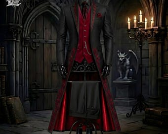 Mens Gothic Victorian Tailcoat Black Red Embroidered Frock Coat, Vampire Prince Jacket, Steampunk Wedding Coat, Handmade