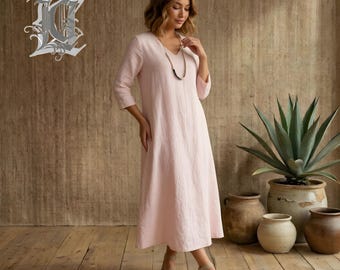 Women’s Linen Midi Dress, Long Sleeve Linen Dress, Minimalist A Line Linen Dress, Loose Boho Linen Dress, Casual Spring Summer Dress