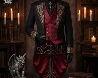 Mens Gothic Victorian Tailcoat Suit, Black Burgundy Embroidered Vampire Prince Jacket, Steampunk Wedding Tuxedo, Formal Frock Coat