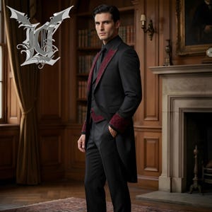 Elegant men’s black Victorian gothic tailcoat suit with red embroidered detailing, steampunk inspired long coat, formal vampire cosplay outfit, baroque style wedding attire