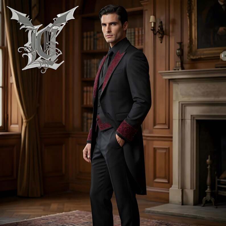 Elegant men’s black Victorian gothic tailcoat suit with red embroidered detailing, steampunk inspired long coat, formal vampire cosplay outfit, baroque style wedding attire