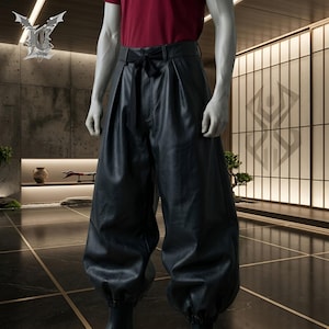 Black Hakama Pants Men, Genuine Leather Samurai Trousers, Anime Cosplay Wide Leg Pants, Japanese Streetwear Baggy Pants with Belt