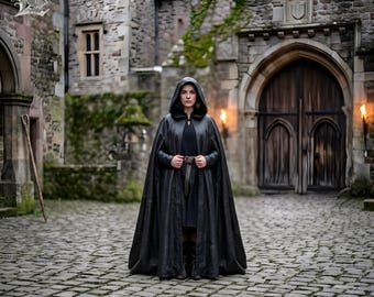 Capa de cuero negra con capucha para mujer – Capa gótica medieval, disfraz de cosplay de fantasía, capa larga con capucha, atuendo inspirado en el anime a medida.