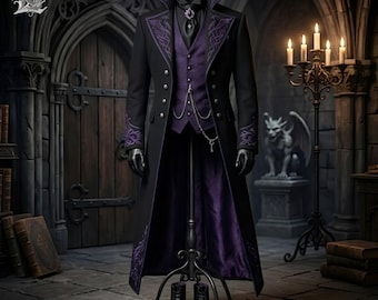Könnte beinhalten: Ein schwarzer langer Mantel mit violett bestickten Revers und Ärmelbündchen, getragen über einer violetten Weste und einem schwarzen Hemd mit dunklem Plastron. Das Set umfasst eine silberne Taschenuhrkette, schwarze Handschuhe und Stiefel.