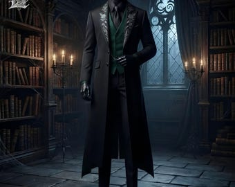 Herr gotisk svart frack, viktoriansk vampyrprinskappa, smaragdgrön väst, steampunk bröllopskavaj, gotisk formell kappa