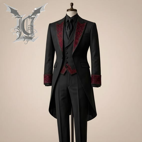Victorian Goth Men’s Tailcoat, Black Steampunk Long Coat, Vampire Cosplay Suit, Baroque Masquerade Wedding Jacket, Gift for dad